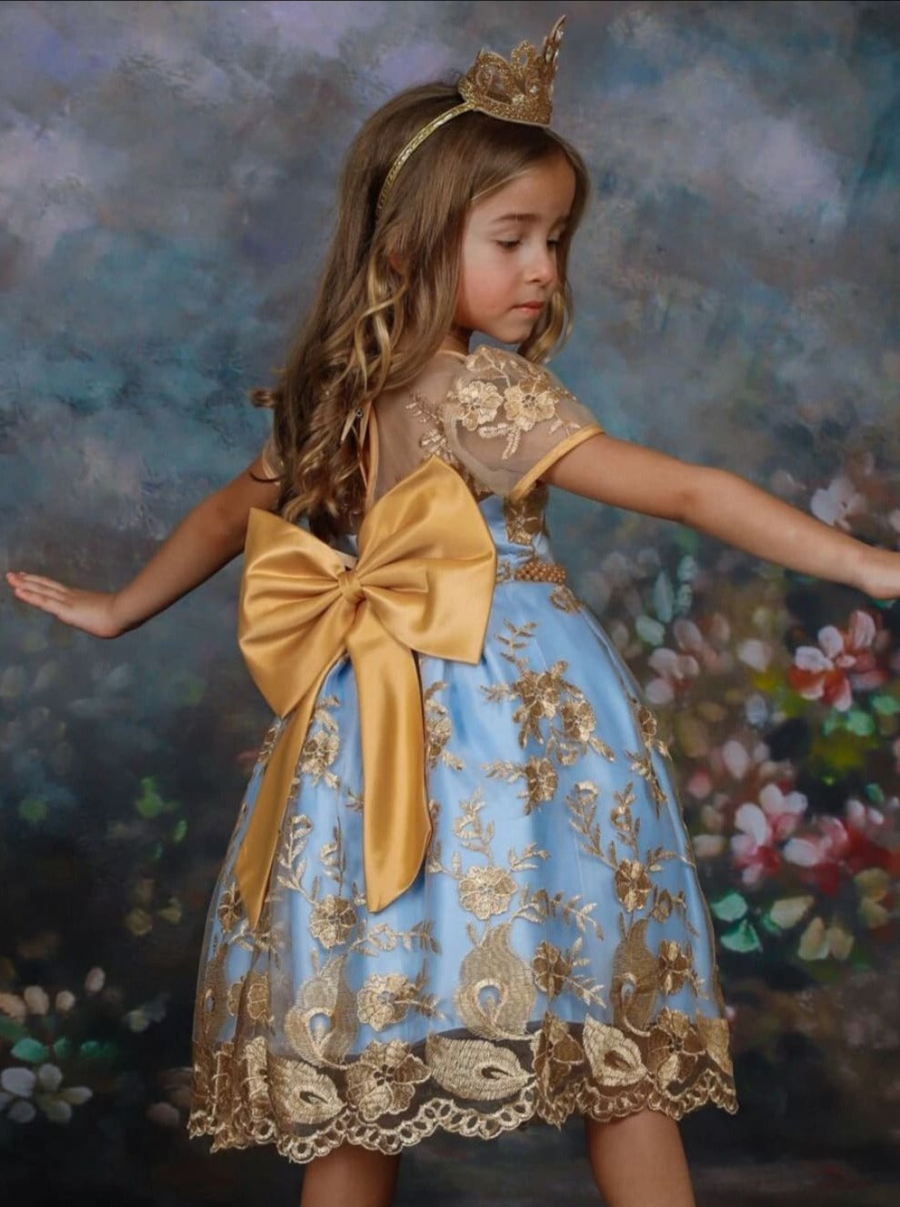 Little Girls Dressy Dresses | Sheer Golden Lace Beaded Princess Dress