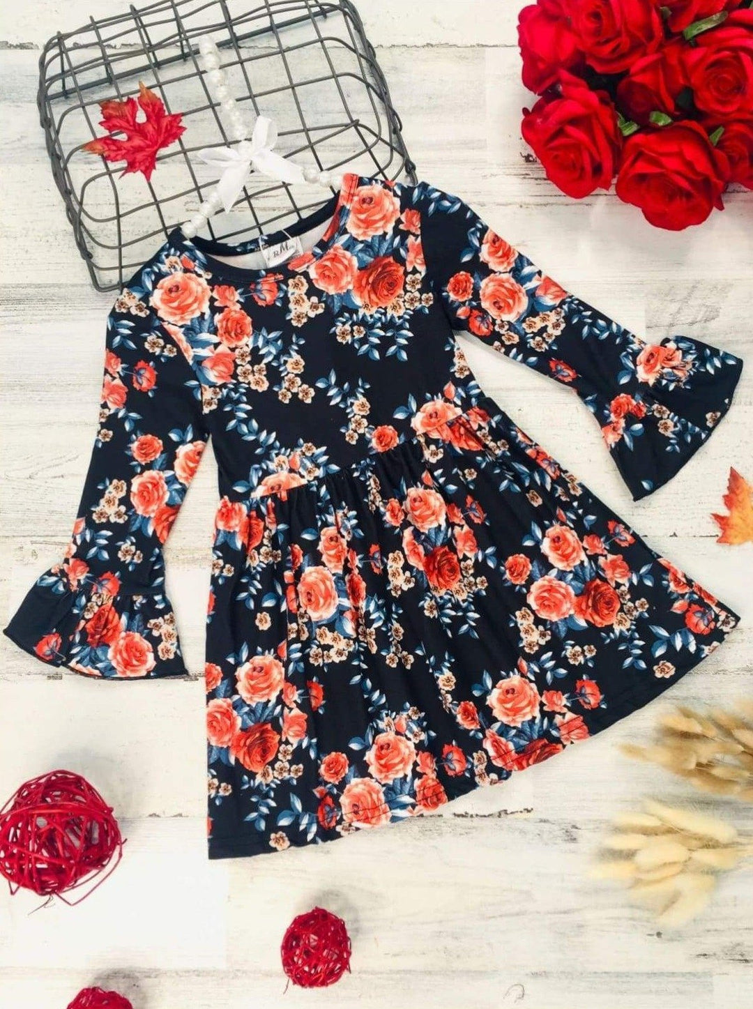 Girls Floral Long Ruffled Sleeve Dress