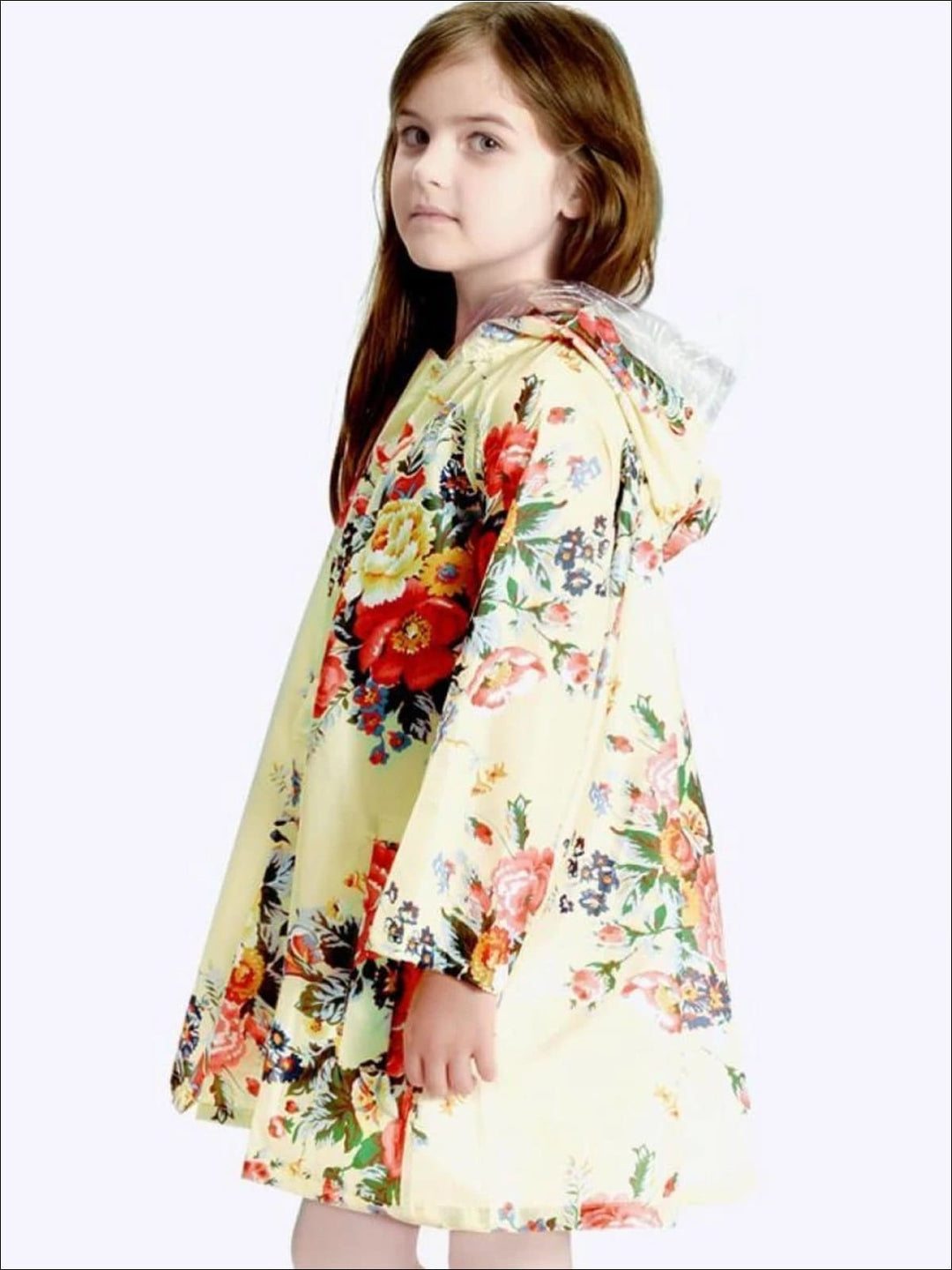 Girls Floral Print Hooded Transparent Raincoat - Girls Jacket