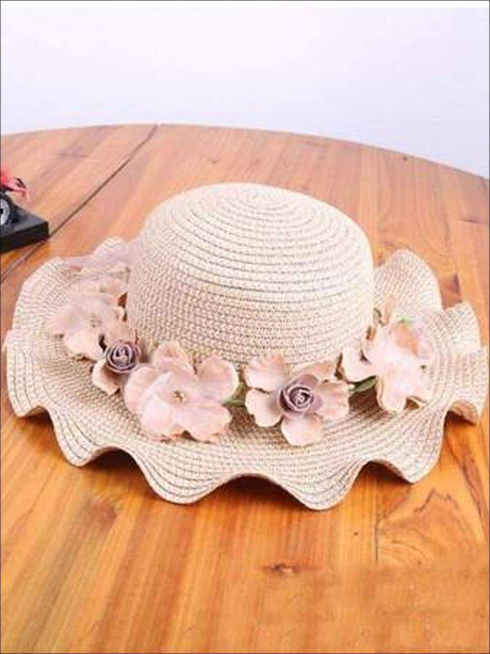 Girls Floral Ruffle Brim Straw Hat - Hats & Caps