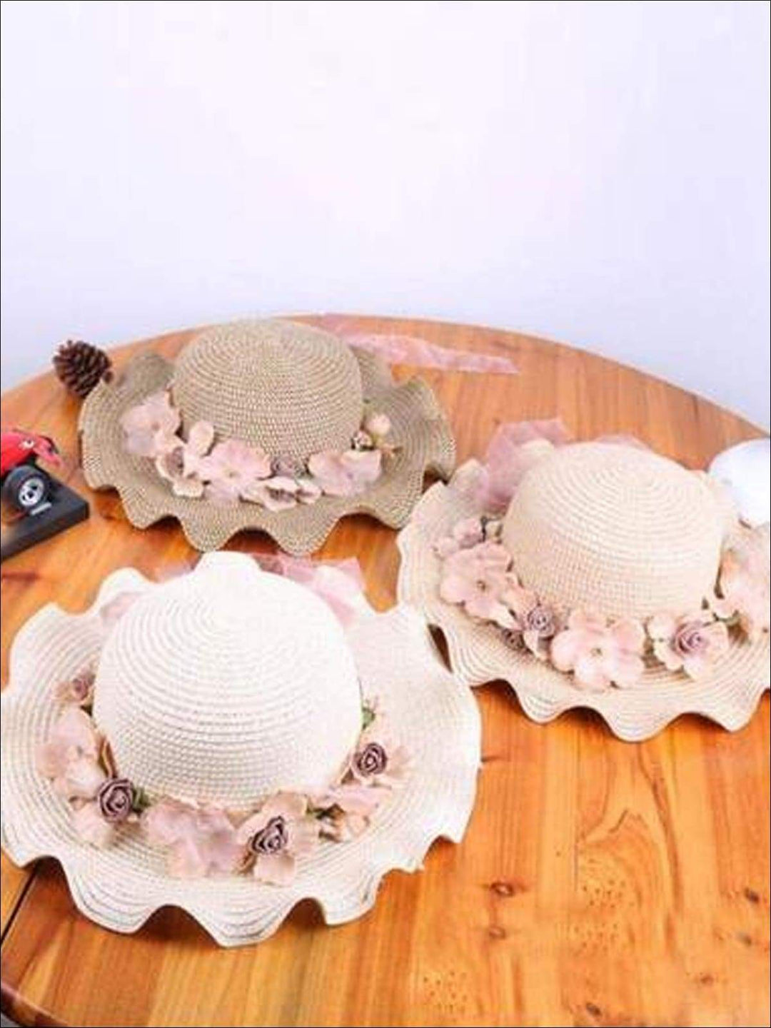 Girls Floral Ruffle Brim Straw Hat - Hats & Caps