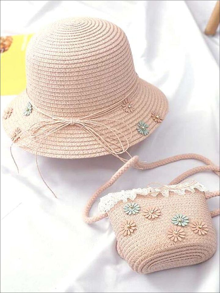 Girls Flower Embellished Straw Hat With Matching Purse - Pink - Girls Hats