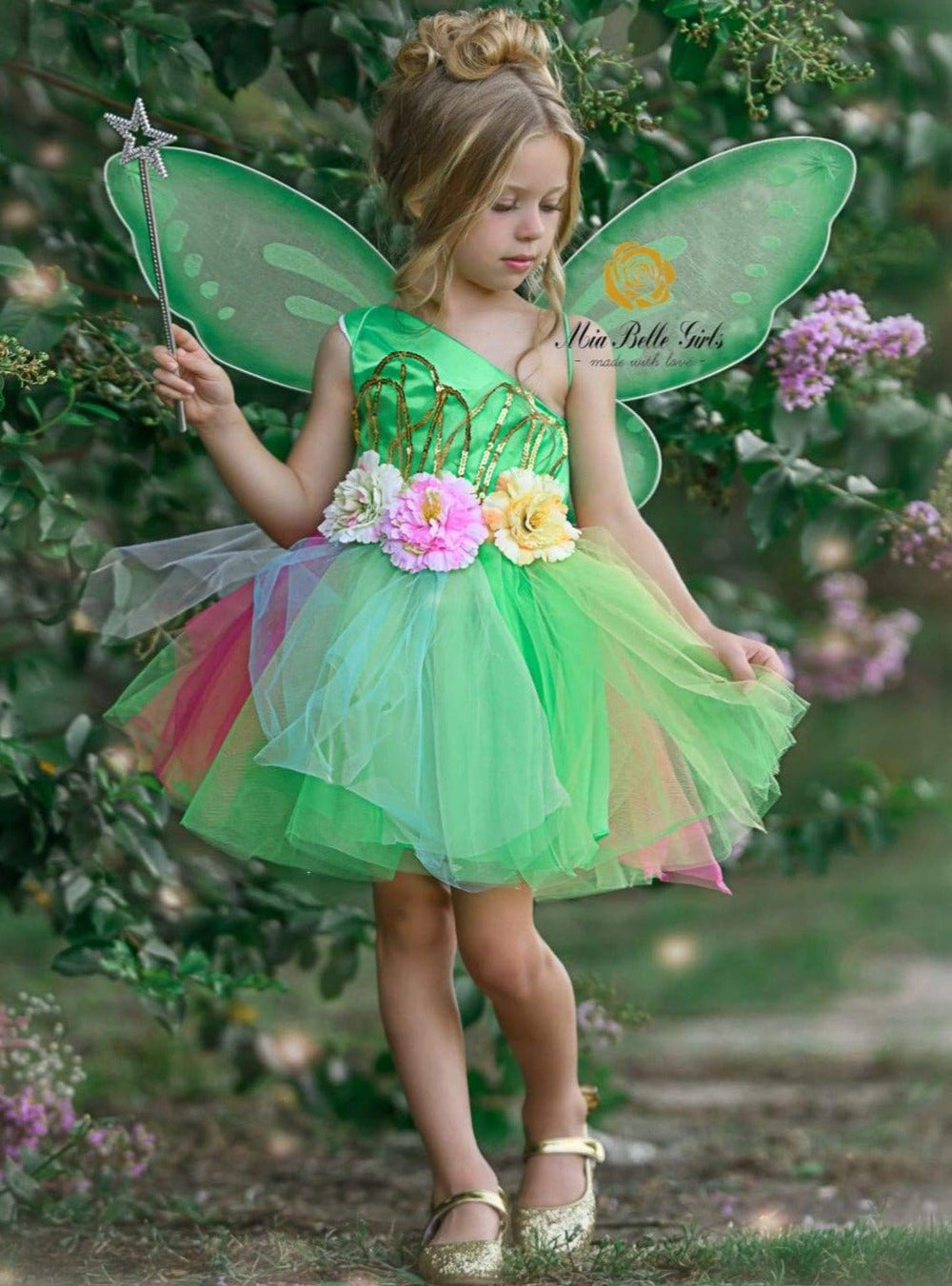 Girls Flower Sequined Tinkerbell Inspired Halloween Costume - Girls Halloween Costume