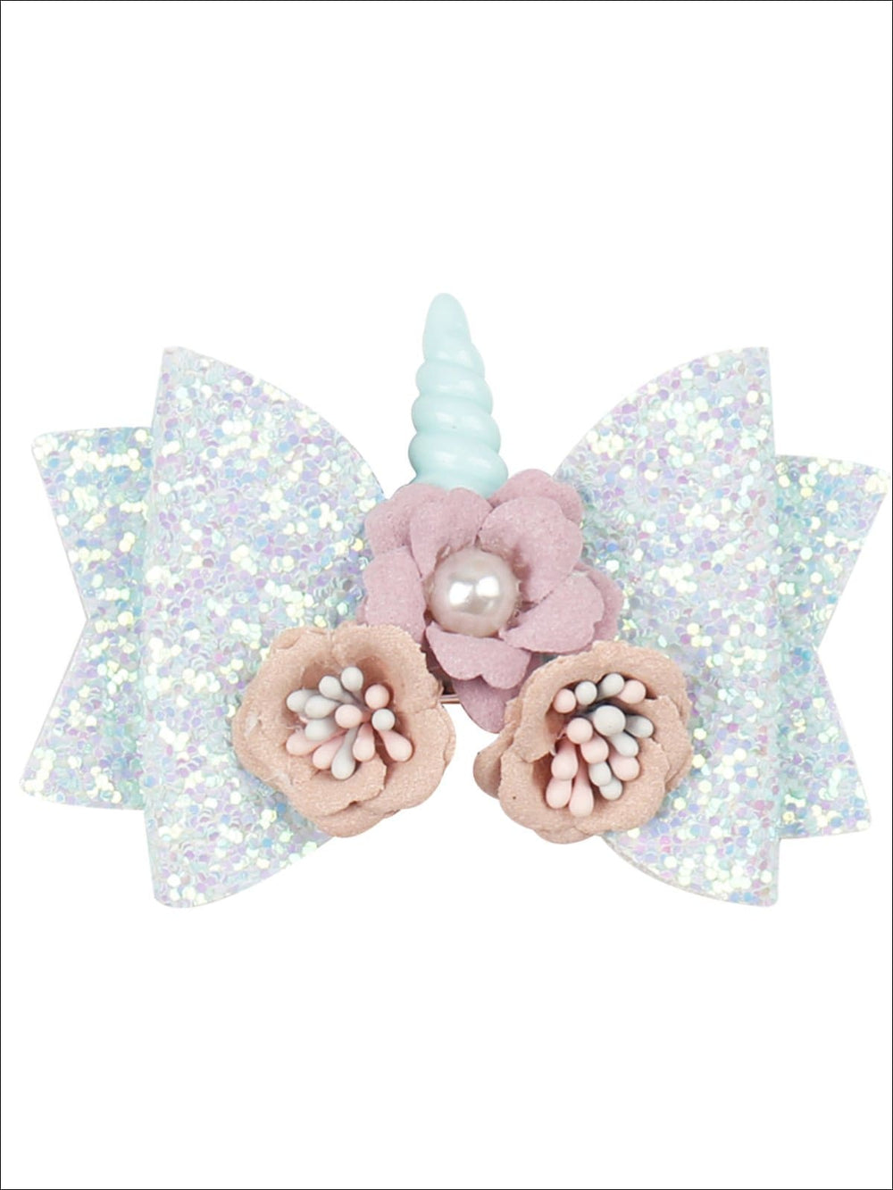 Girls Flower Unicorn Glitter Hair Bow - Sky Blue - Hair Accessories