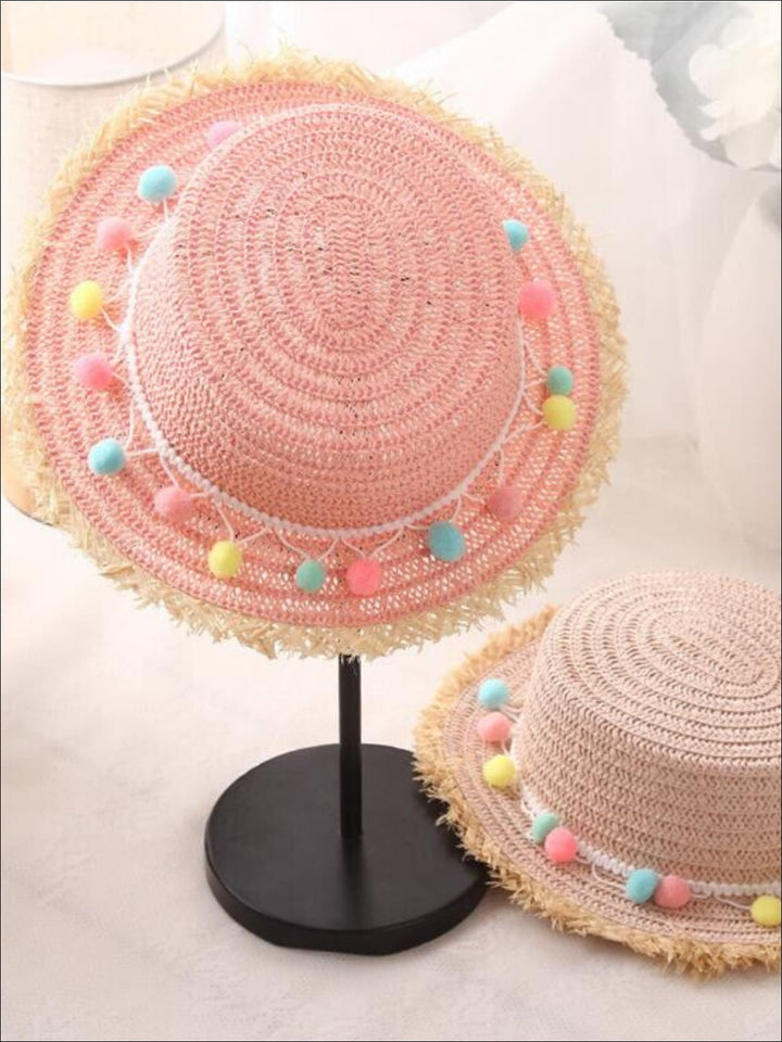 Girls Frayed Edge Pom Pom Straw Hat - Girls Hats