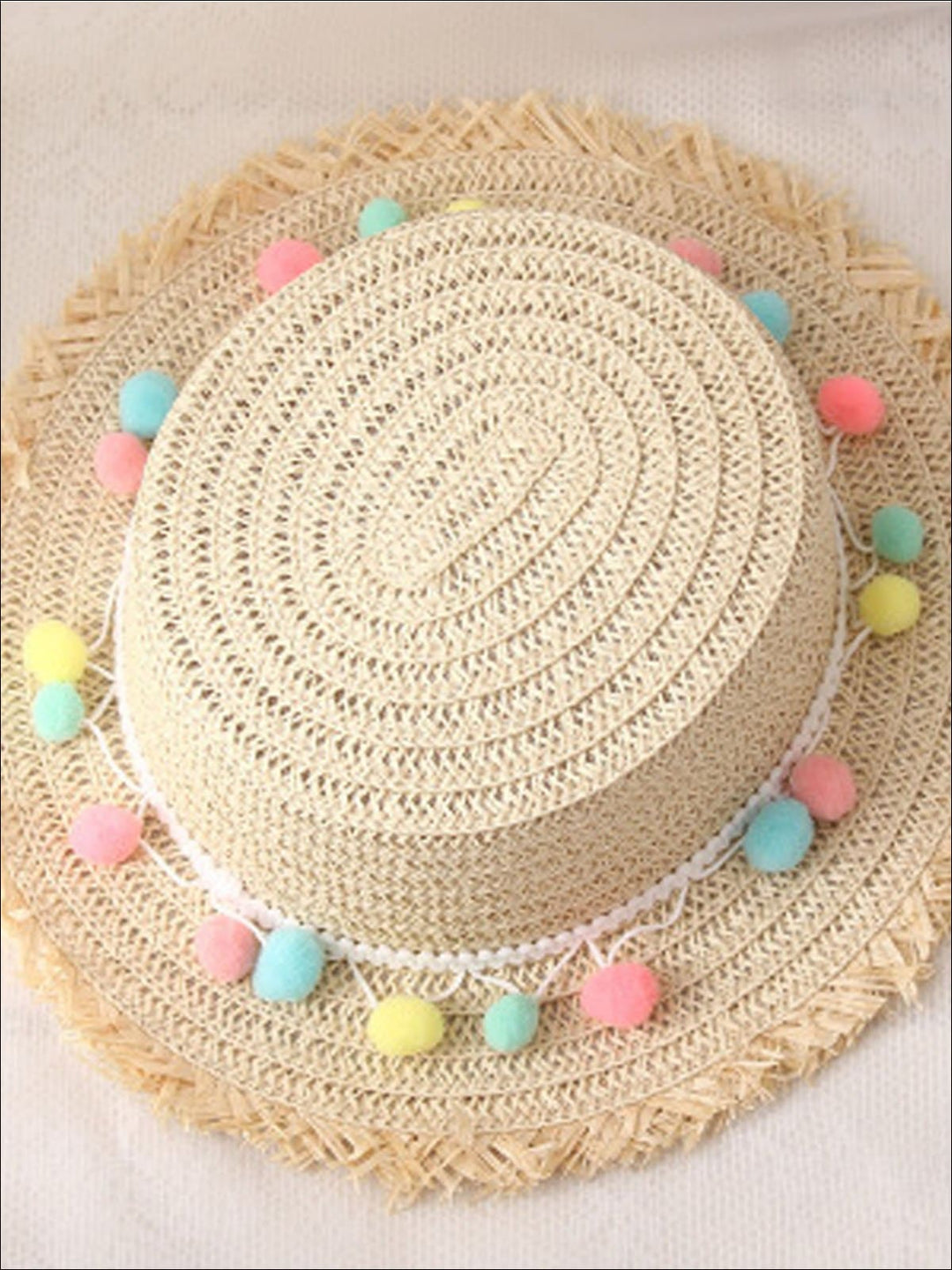 Girls Frayed Edge Pom Pom Straw Hat - Beige - Girls Hats