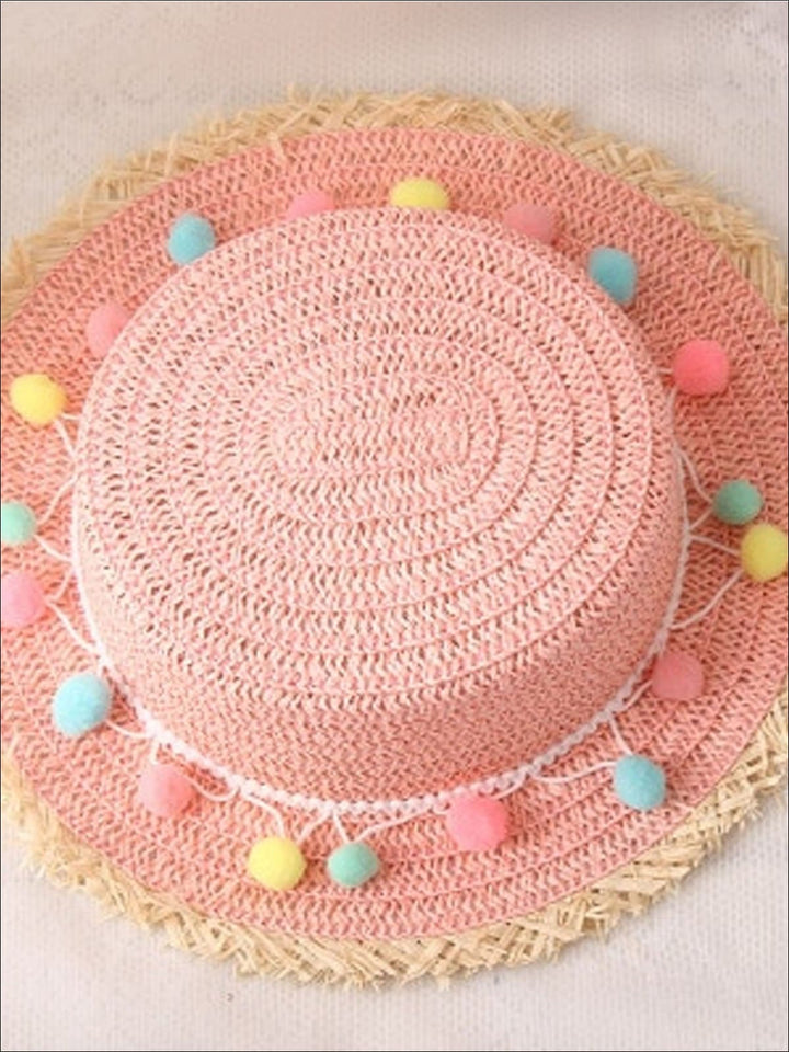 Girls Frayed Edge Pom Pom Straw Hat - Peach - Girls Hats