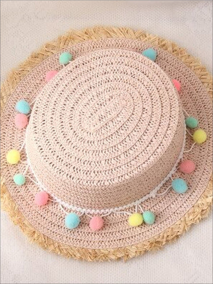 Girls Frayed Edge Pom Pom Straw Hat - Pink - Girls Hats