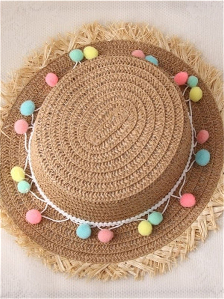 Girls Frayed Edge Pom Pom Straw Hat - Tan - Girls Hats