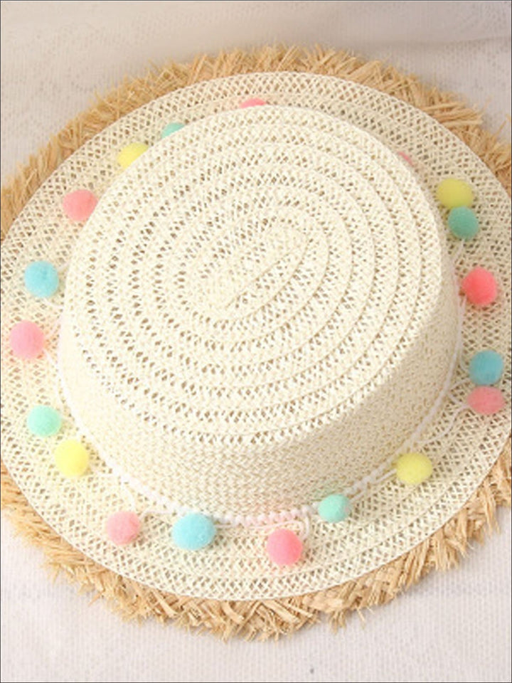 Girls Frayed Edge Pom Pom Straw Hat - White - Girls Hats