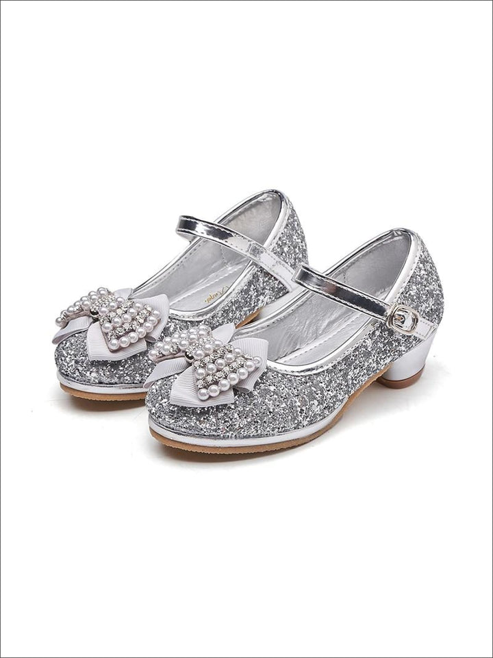 Girls Glitter Bow Tie Pearl Embellished Princess Shoes - Girls Flats