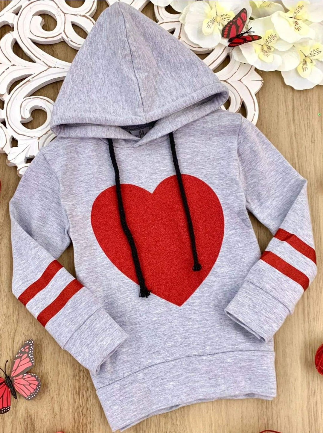 Cute Toddler Tops | Girls Glitter Heart Hooded Long Sleeve Top