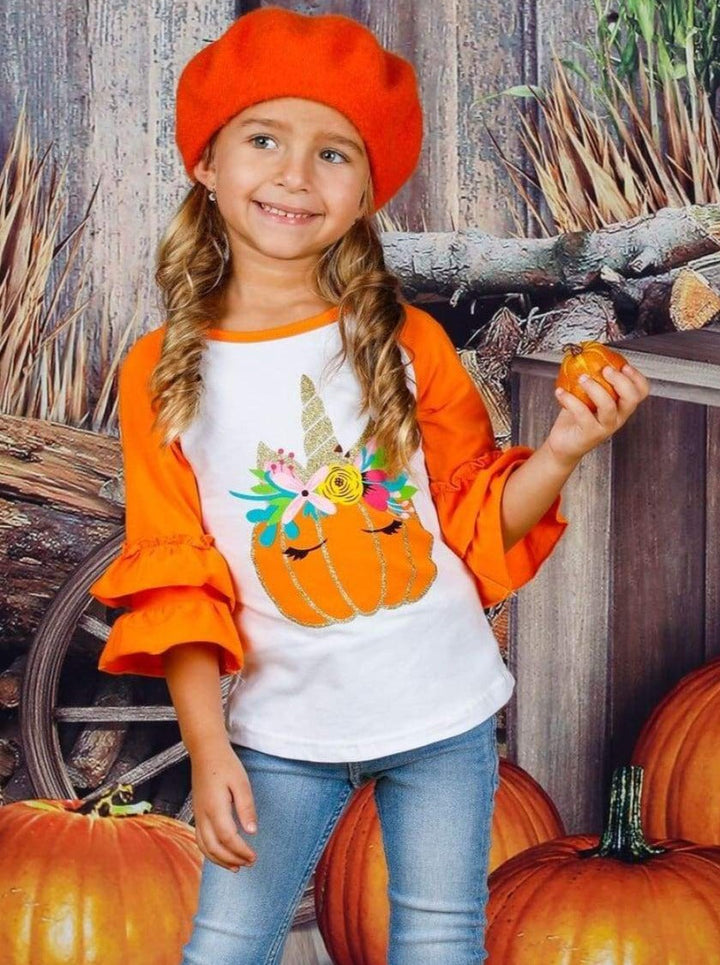 Girls Fall Top | Unicorn Pumpkin Ruffle Raglan Top - Mia Belle Girls