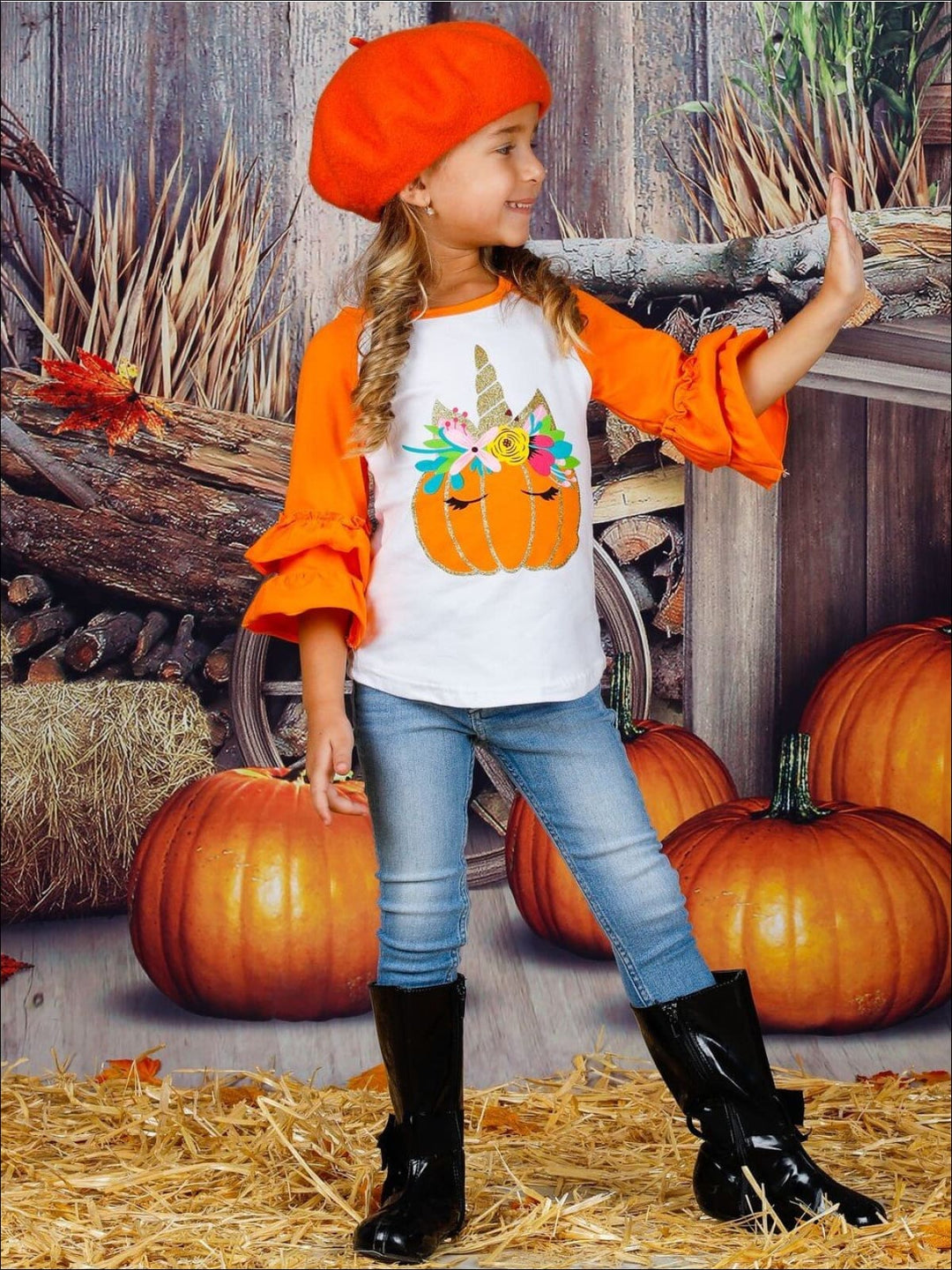 Girls Fall Top | Unicorn Pumpkin Ruffle Raglan Top - Mia Belle Girls