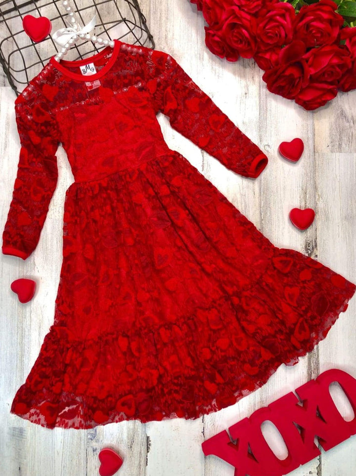 Toddler Valentine's Day Dress | Girls Long Sleeve Heart Lace Dress