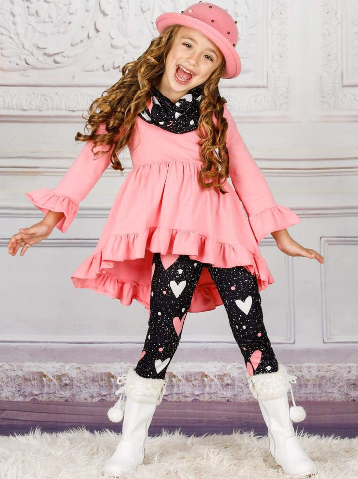 Toddler Valentine's Outfit | Heart Print Tunic, Scarf & Legging Set