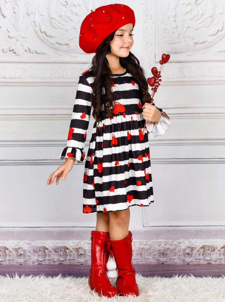 Kids Valentine's Day Dress | Girls Stripe Heart Print Ruffle Dress