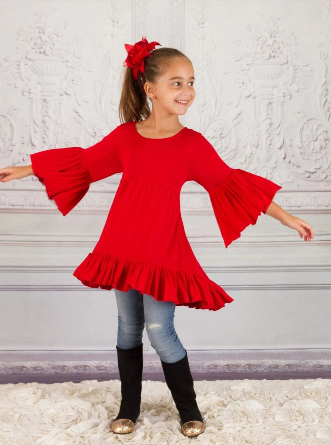 Girls Casual Fall Tops | Red Hi-Lo Boho Sleeve Ruffled Tunic