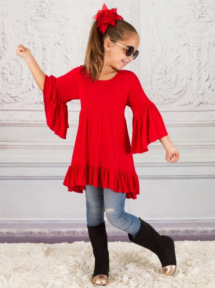 Girls Casual Fall Tops | Red Hi-Lo Boho Sleeve Ruffled Tunic