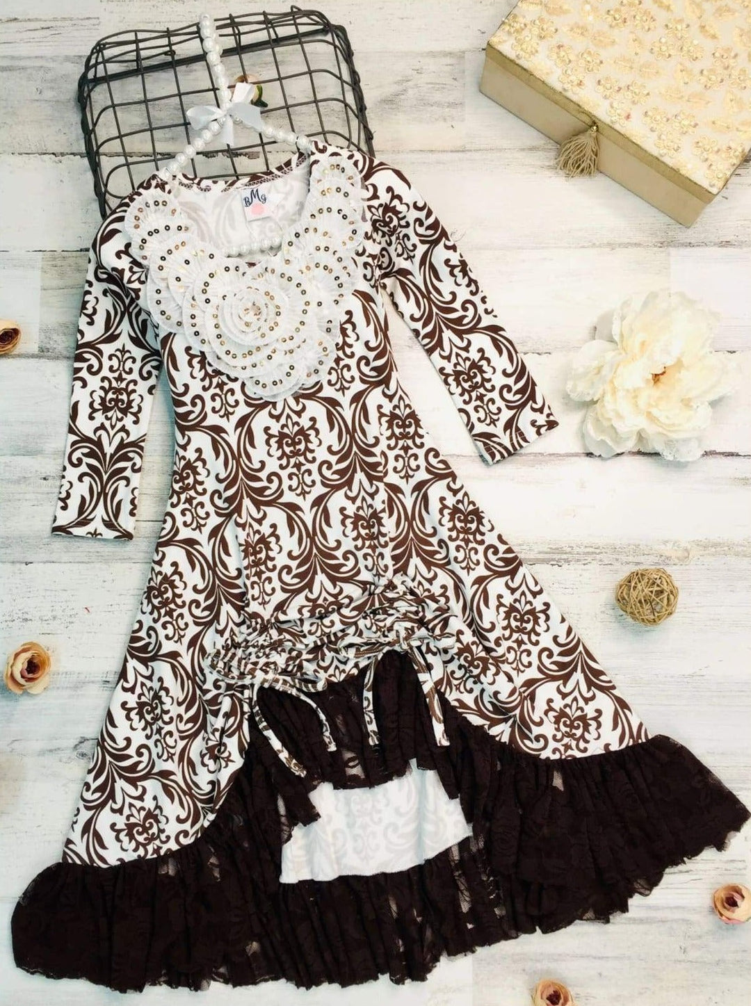 Girls Fall Fancy Dress| Pattern Print Sequin Hi-Lo Drawstring Dress 