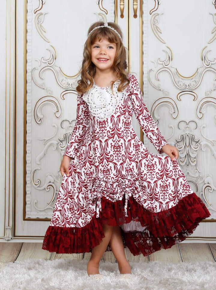 Girls Fall Fancy Dress| Pattern Print Sequin Hi-Lo Drawstring Dress 