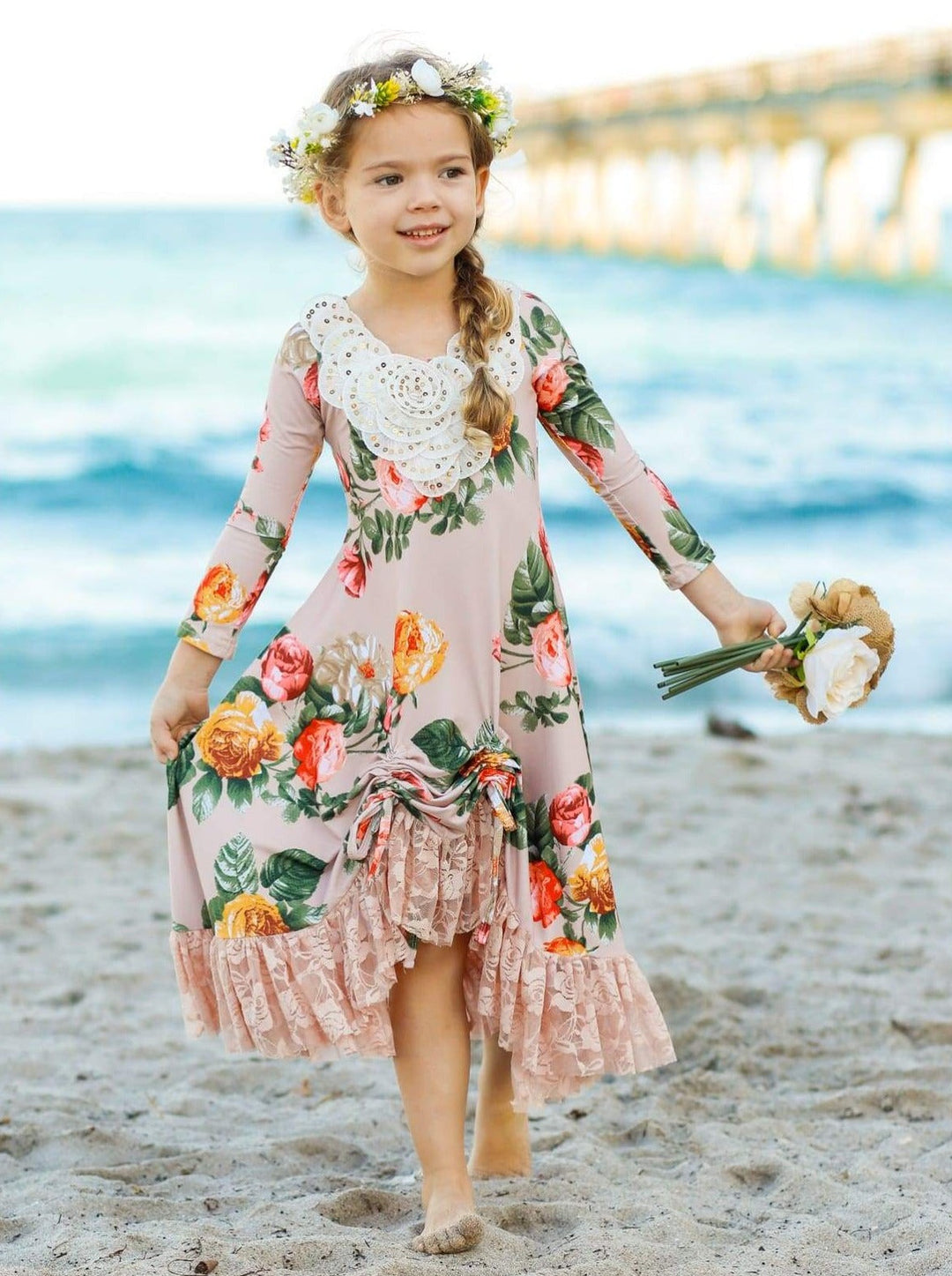 Girls Fall Fancy Dress| Pattern Print Sequin Hi-Lo Drawstring Dress 