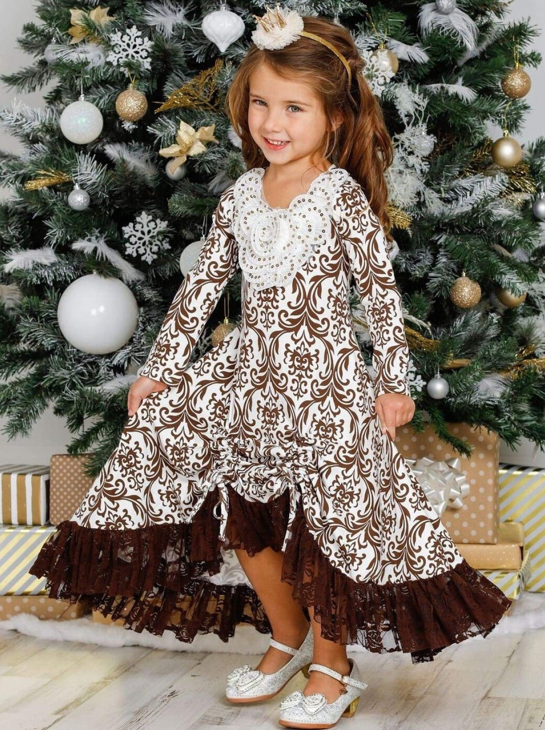 Girls Fall Fancy Dress| Pattern Print Sequin Hi-Lo Drawstring Dress 