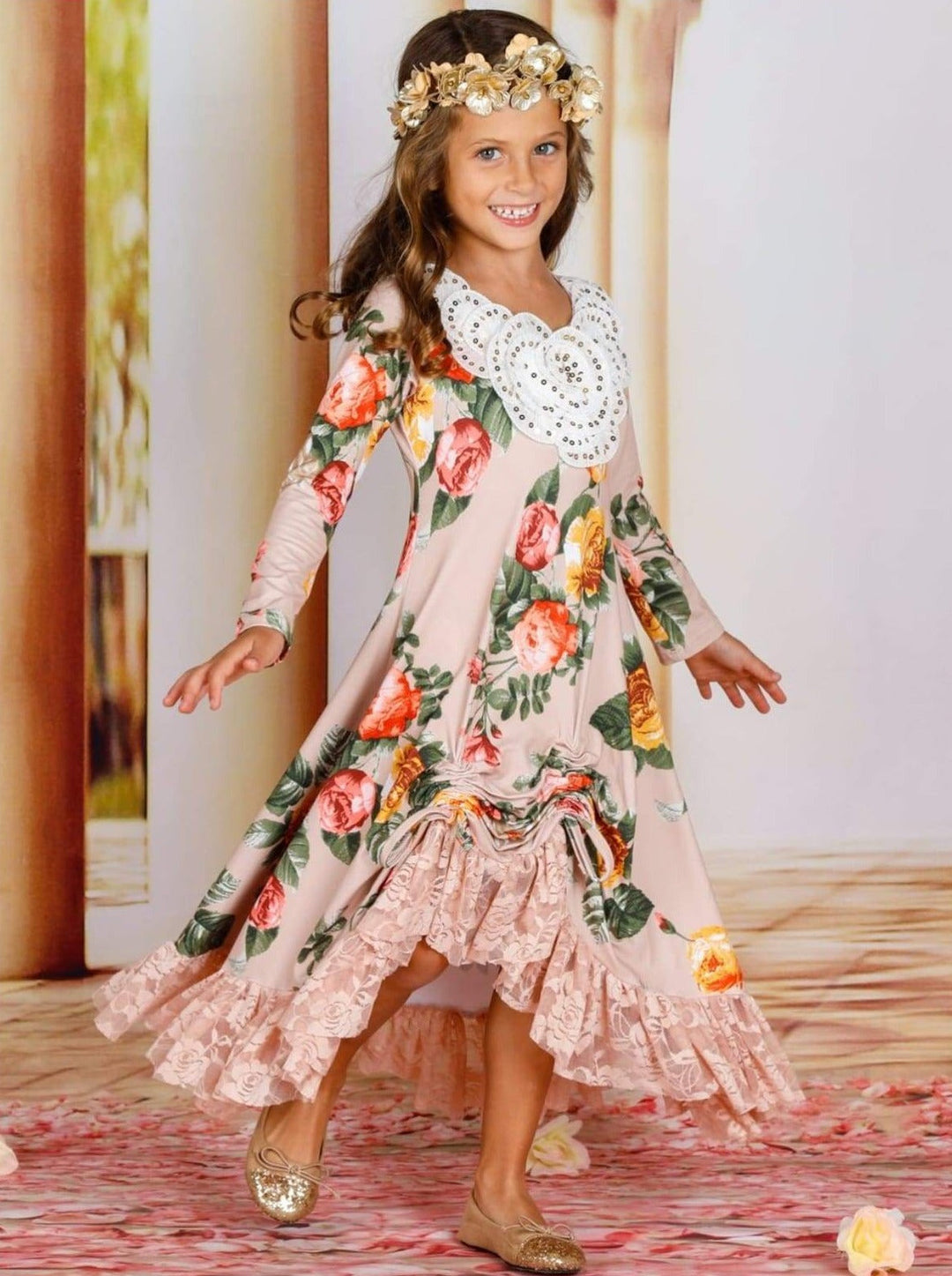 Girls Fall Fancy Dress| Pattern Print Sequin Hi-Lo Drawstring Dress 