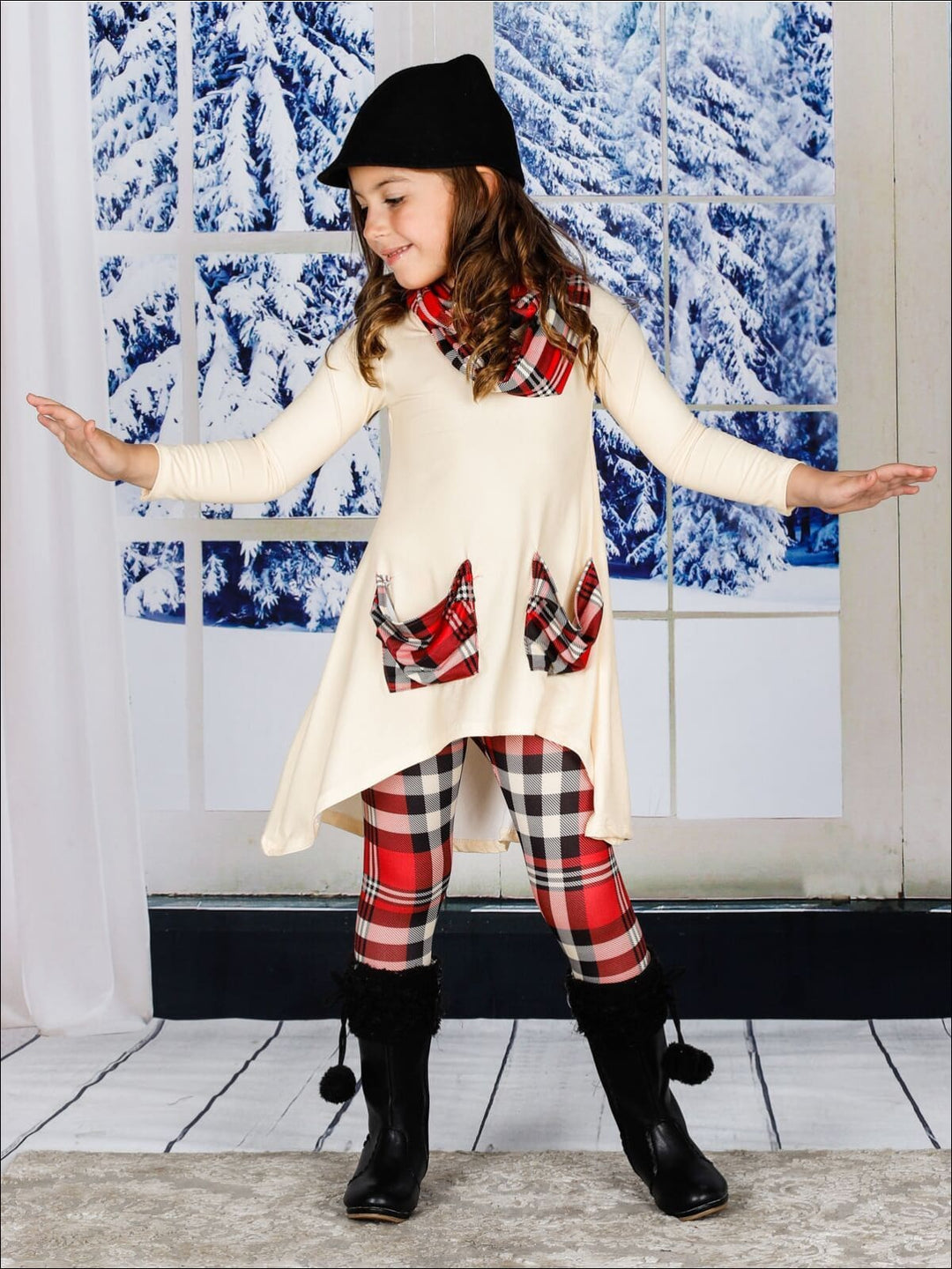 Girls Winter Casual Set | Plaid Pocket Tunic, Scarf, & Legging Set 