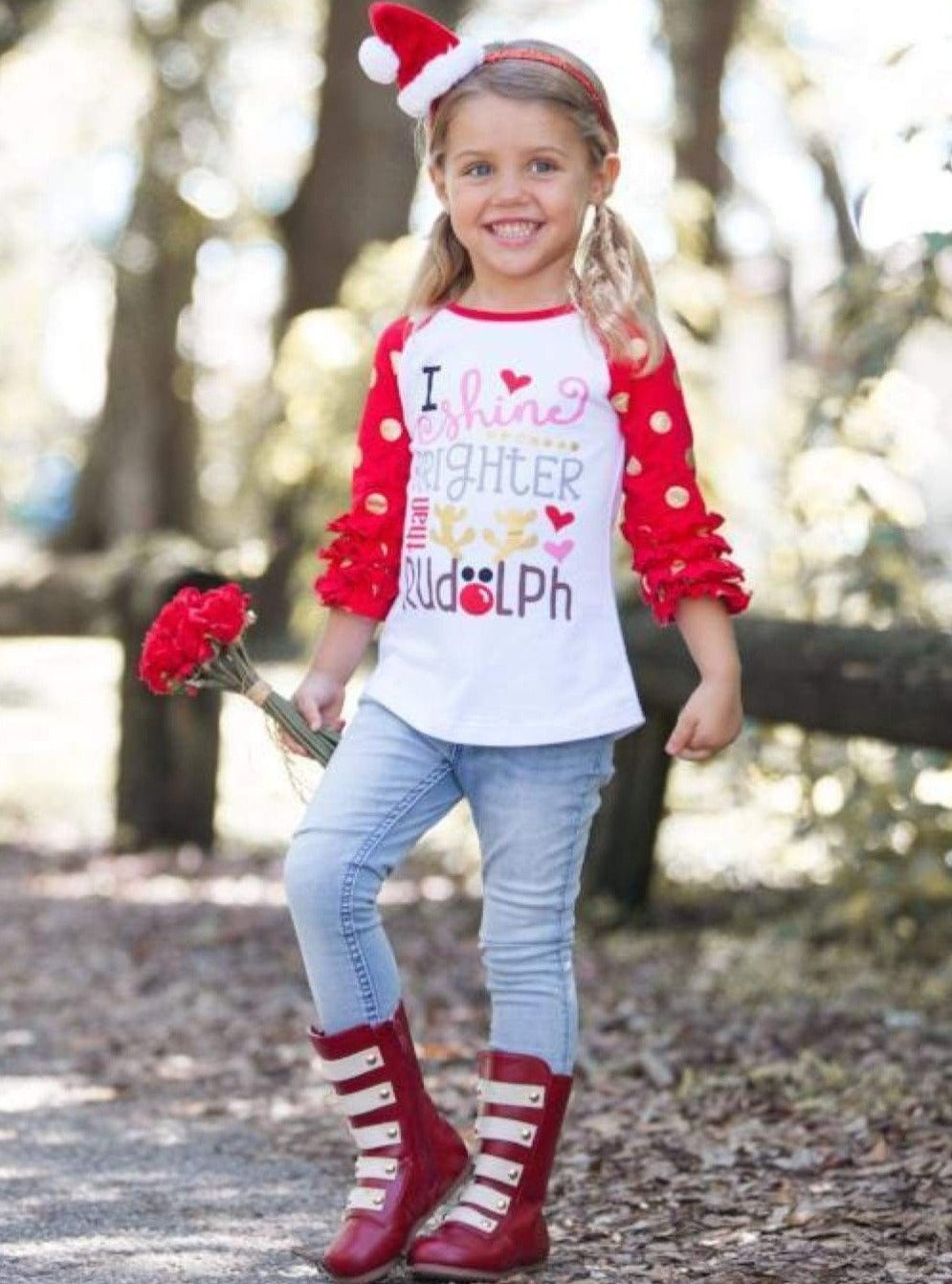 Cute Winter Tops | Girls Reindeer Polka Dot Ruffle Cuff Raglan Top