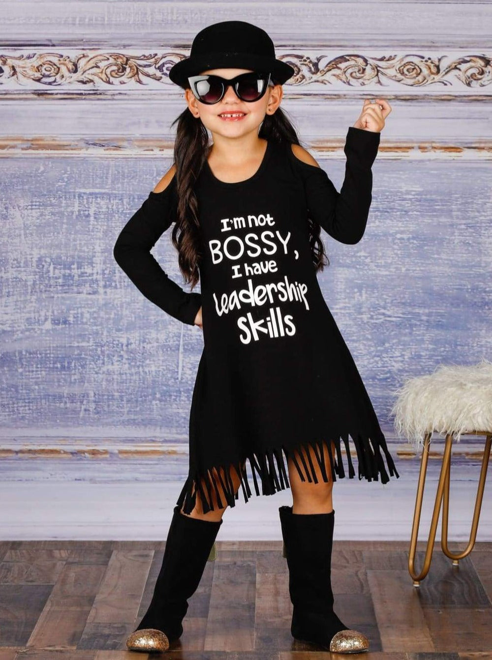 Girls Im Not Bossy I Have Leadership Skills Cold Shoulder Fringe Graphic Statement Dress - Girls Fall Casual Dress