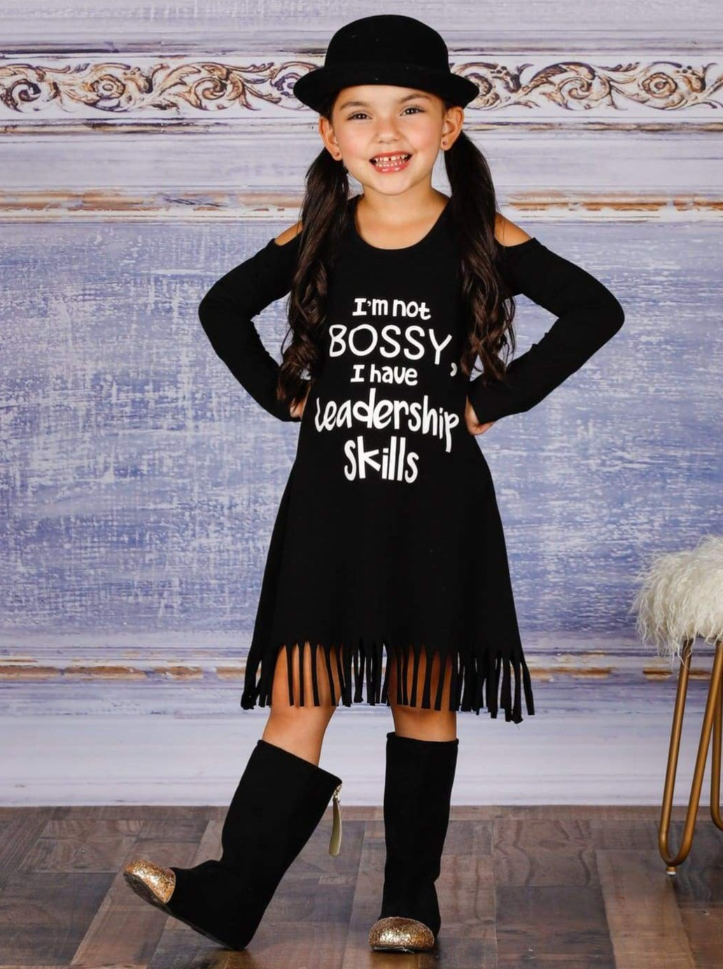 Girls Im Not Bossy I Have Leadership Skills Cold Shoulder Fringe Graphic Statement Dress - Girls Fall Casual Dress