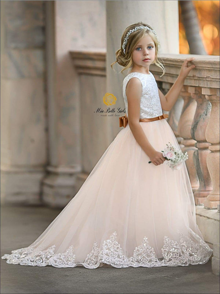 Girls Communion Dresses | Sequin Bodice Lace Beige Tulle Skirt Gown