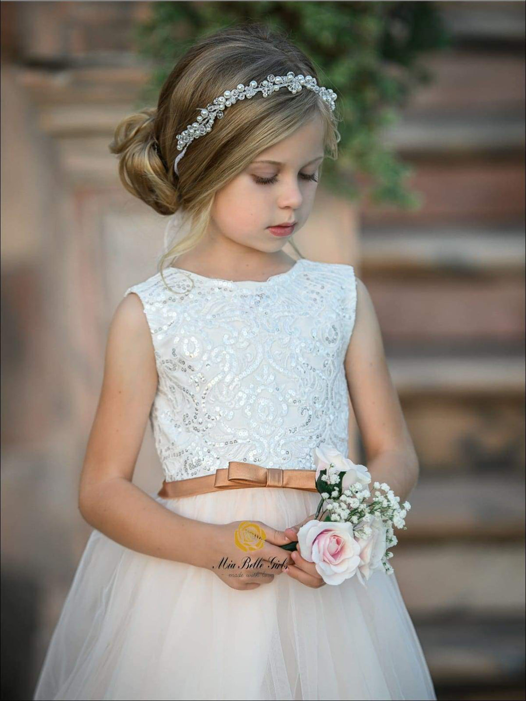 Girls Communion Dresses | Sequin Bodice Lace Beige Tulle Skirt Gown