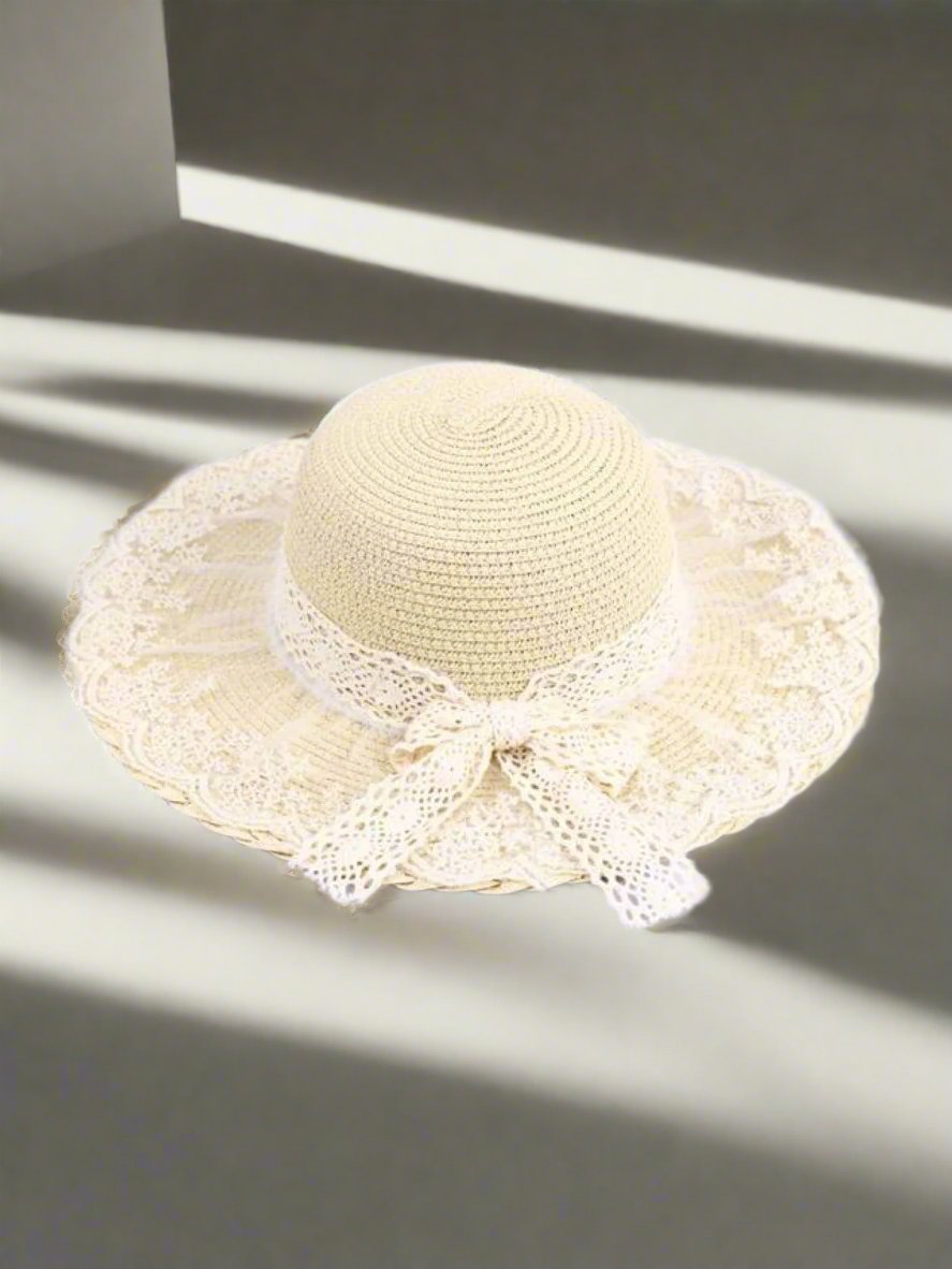 Girls Lace Brim Straw Hat - Cream - Girls Hats