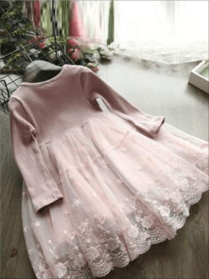 Girls Lace Long Sleeve Dress (Pink & Gray) - Girls Fall Dressy Dress