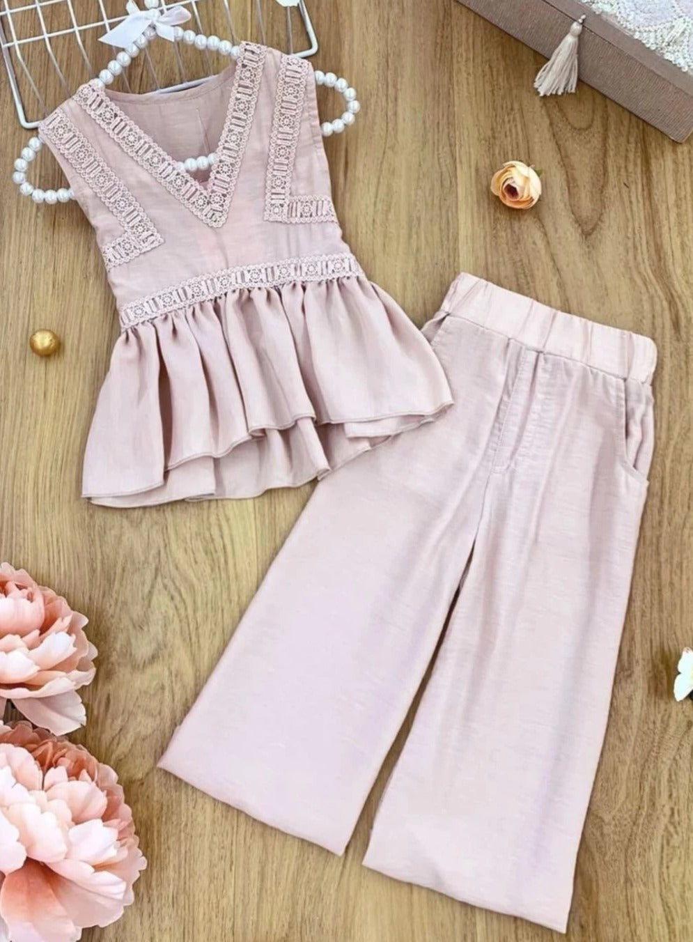 Spring Toddler Outfit | Girls Spring Peplum Top & Palazzo Pants Set