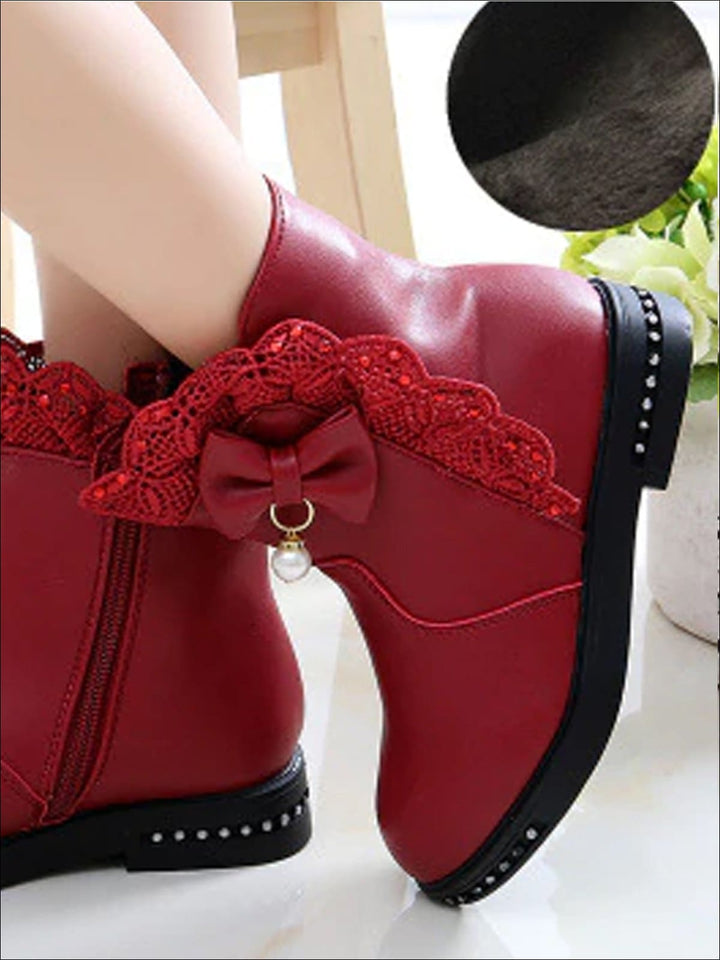 Shoes By Liv & Mia | Girls Lace Trimmed Pearl Bow Tie Ankle Boots