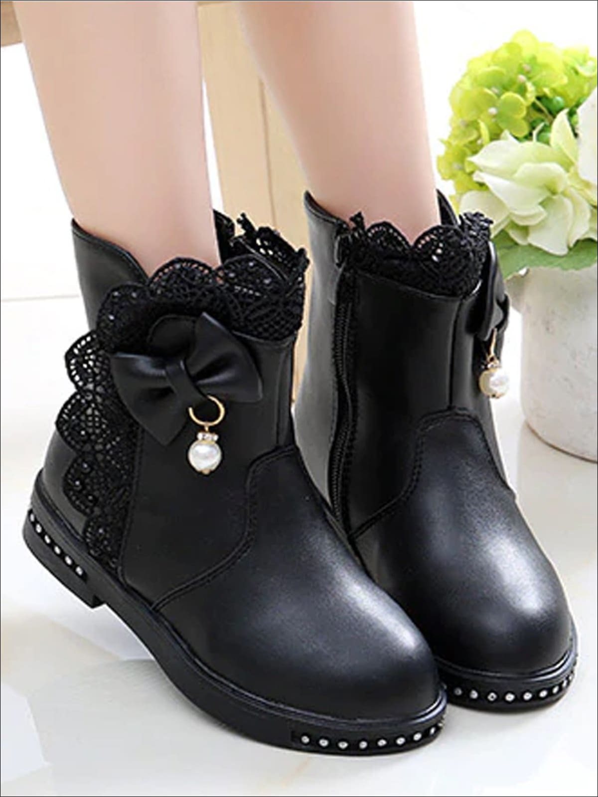 Girls Lace Trimmed Crystal Embellished Bow Tie Ankle Boots By Liv and Mia