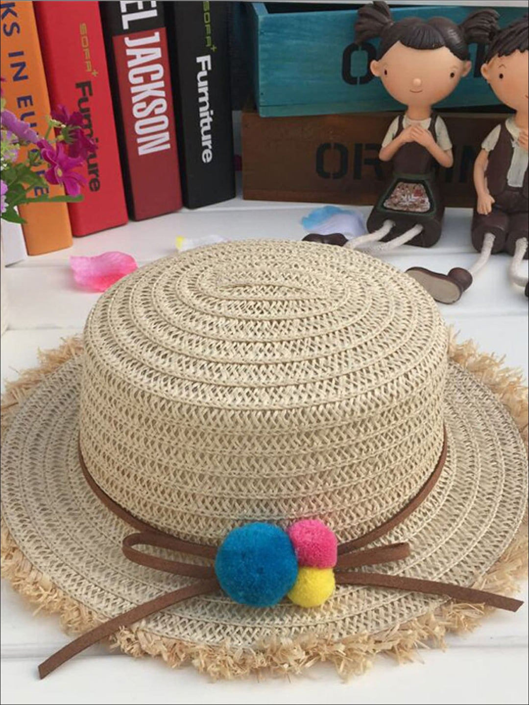 Girls Leather Banded Rainbow Pom Pom Embellished Straw Hat - Beige - Girls Hats