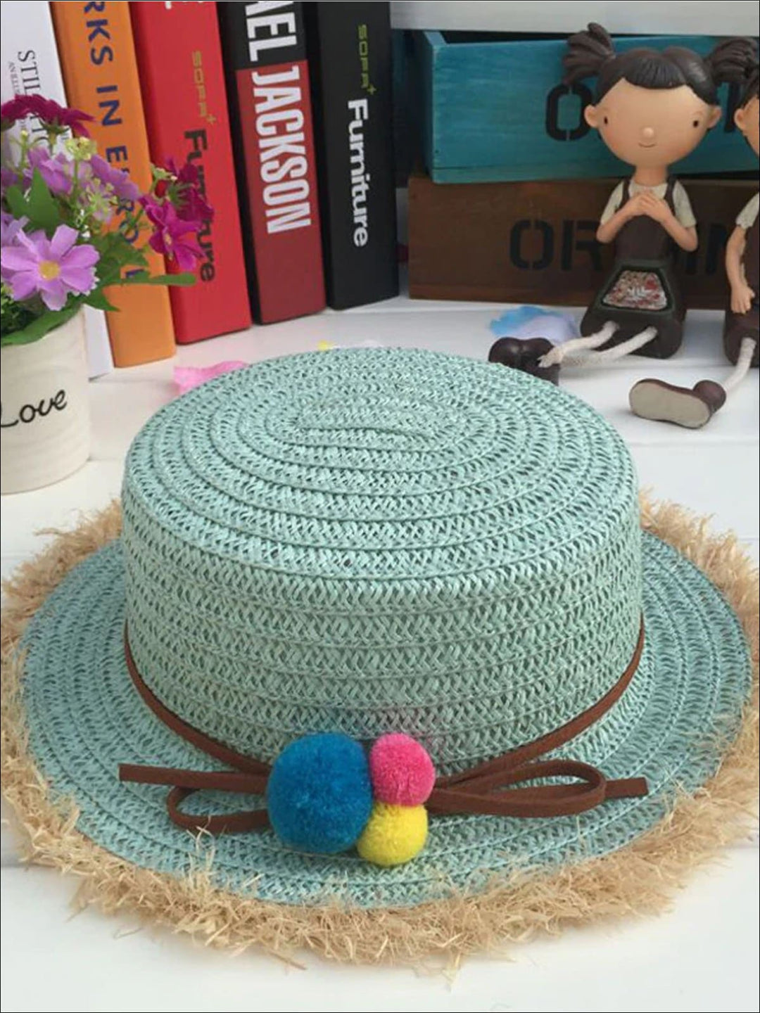 Girls Leather Banded Rainbow Pom Pom Embellished Straw Hat - Sky Blue - Girls Hats