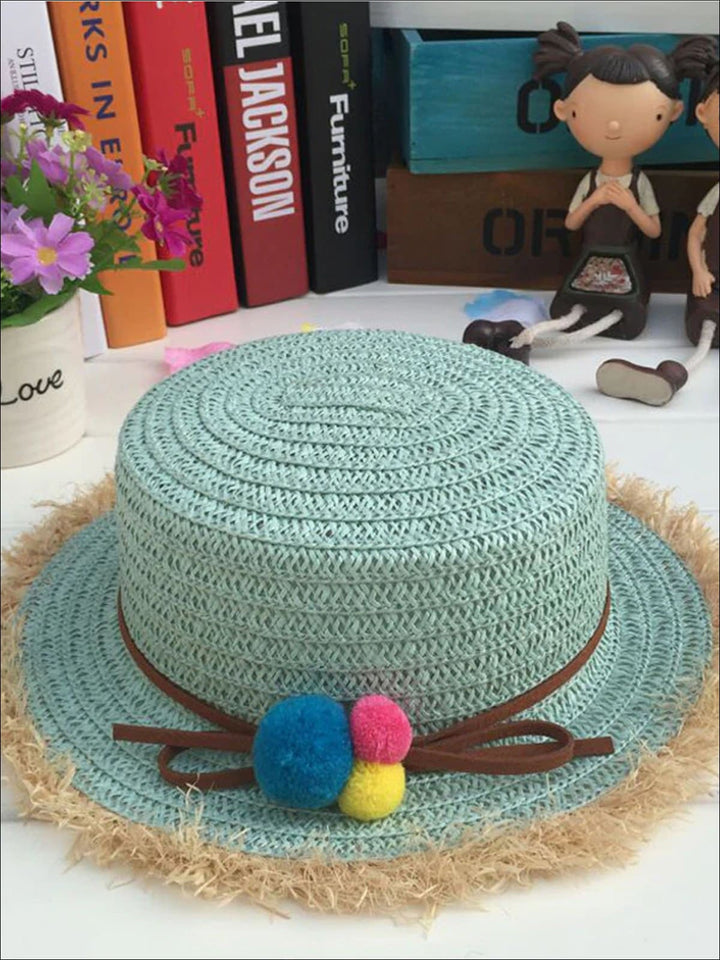 Girls Leather Banded Rainbow Pom Pom Embellished Straw Hat - Sky Blue - Girls Hats