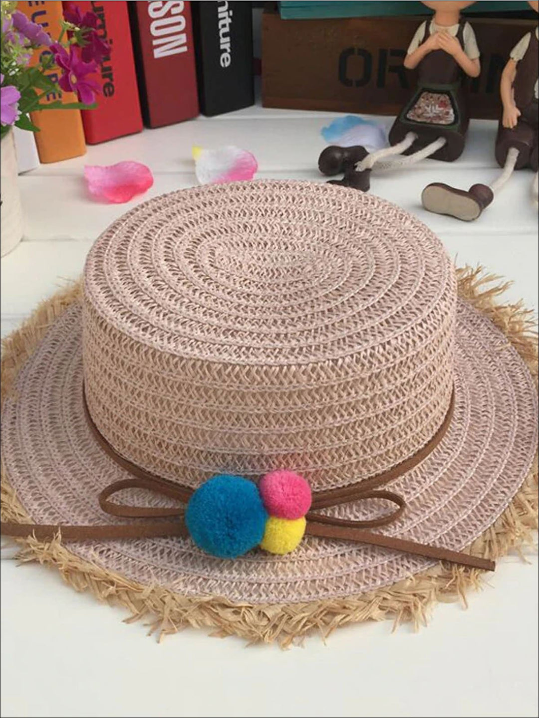 Girls Leather Banded Rainbow Pom Pom Embellished Straw Hat - Tan - Girls Hats