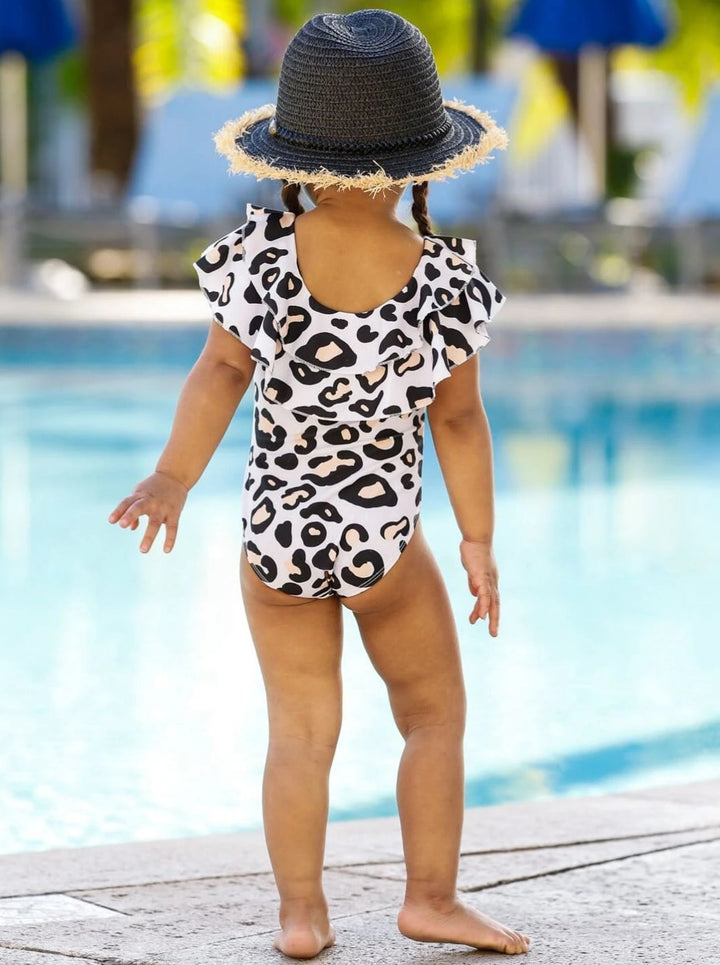 One Piece Girls Swimsuit | Leopard Print Double Ruffle Bib Swimsuit