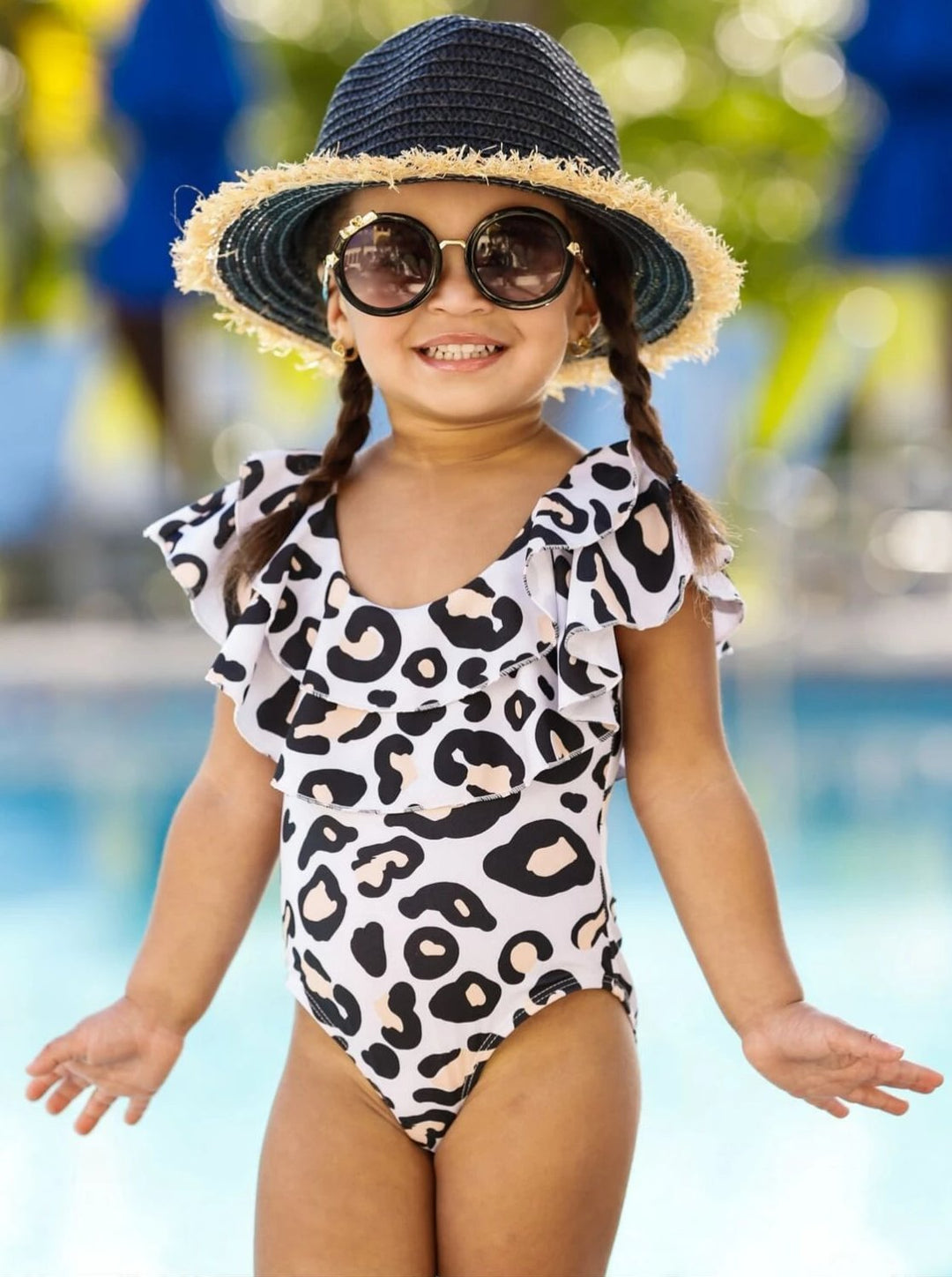 One Piece Girls Swimsuit | Leopard Print Double Ruffle Bib Swimsuit