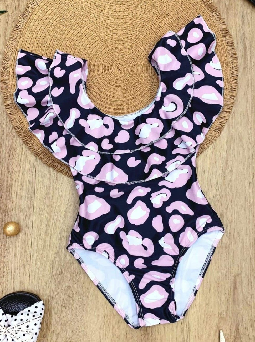 One Piece Girls Swimsuit | Leopard Print Double Ruffle Bib Swimsuit