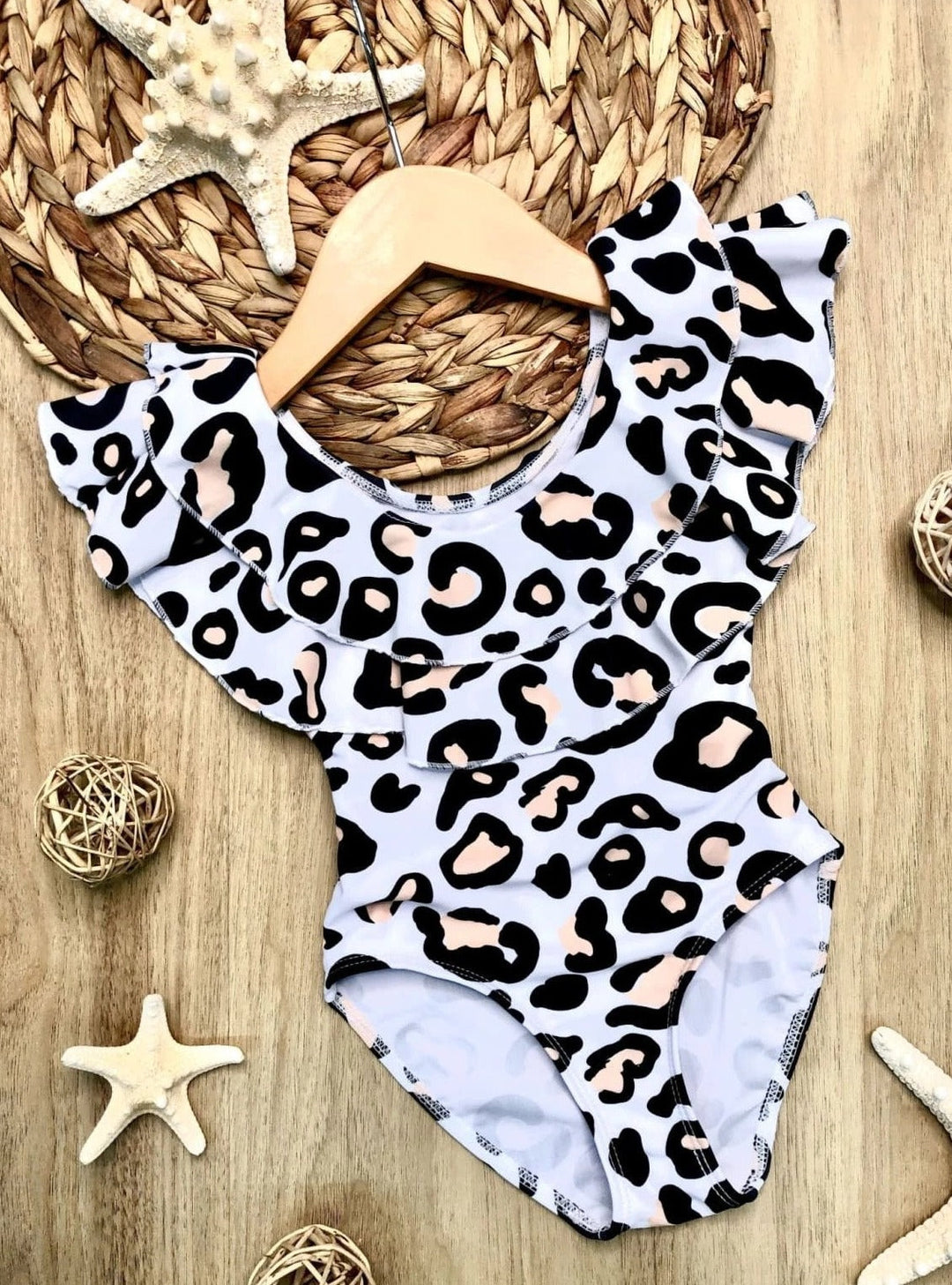 One Piece Girls Swimsuit | Leopard Print Double Ruffle Bib Swimsuit