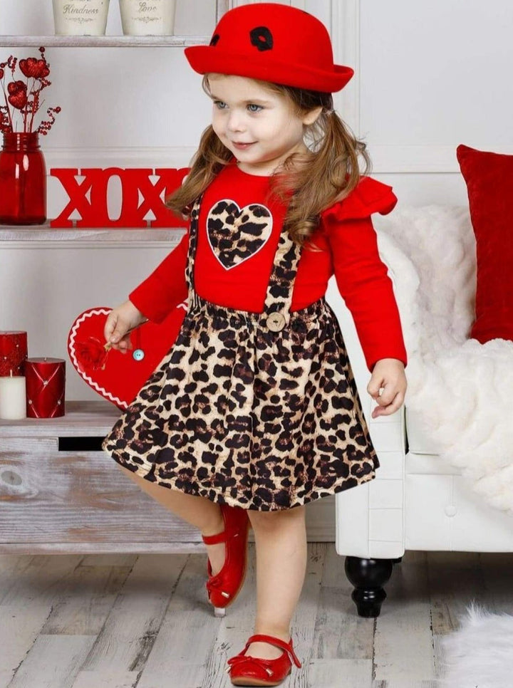 Girls Untamed Heart Animal Print Long Sleeve Shirt and Pinafore Skirt Set - Girls Spring Casual Set