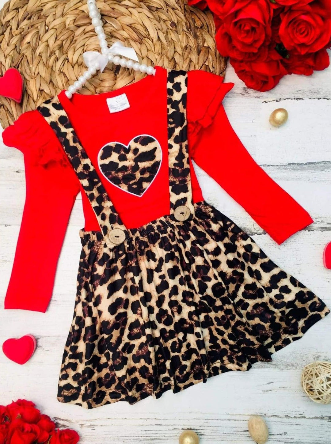 Girls Untamed Heart Animal Print Long Sleeve Shirt and Pinafore Skirt Set - Red / 2T - Girls Spring Casual Set