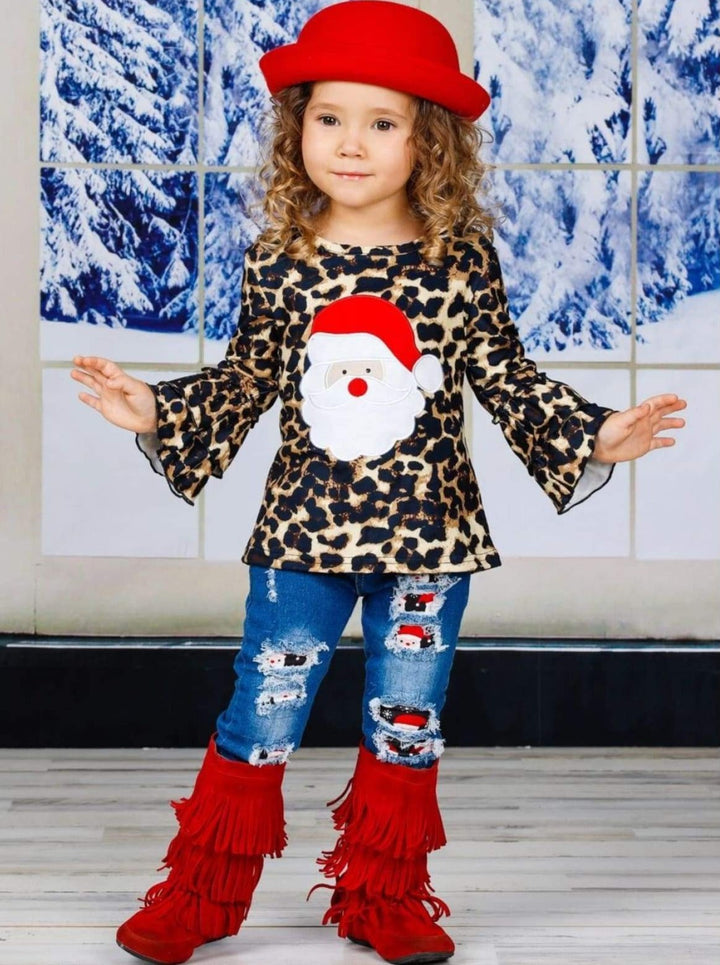 Cute Winter Sets | Girls Leopard Print Santa Top & Patched Jeans Set